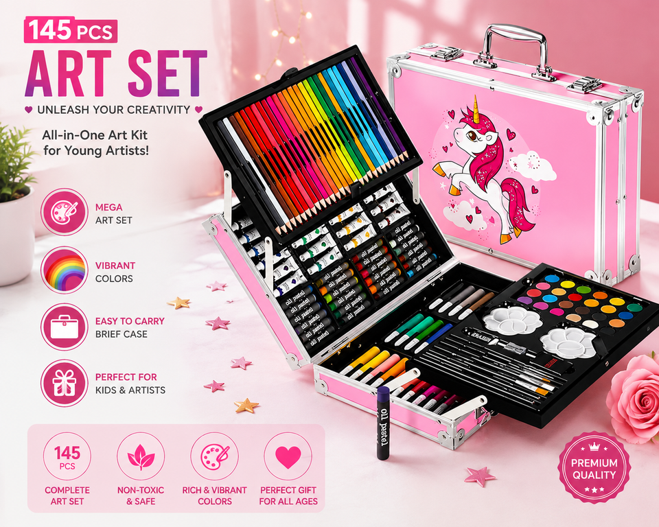 145 Pieces Deluxe Art Set in Aluminum Briefcase – Complete Drawing & Painting Kit for Kids, Students & Artists