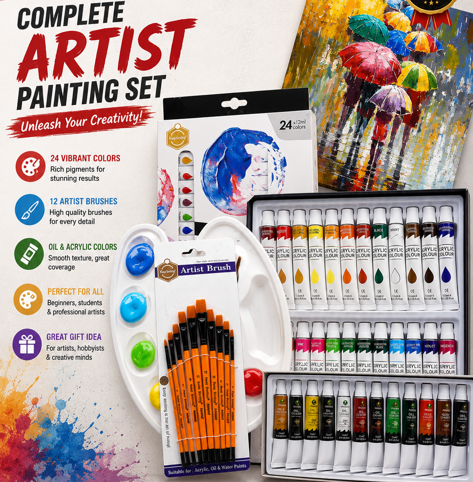 Complete Artist Paint Set with Acrylic & Oil Colors – Professional Art Kit