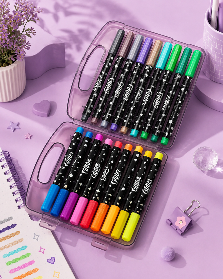 18 Colors Glitter Gel Pen Set with Storage Case – Sparkle Pens for Journaling, Drawing & Crafts
