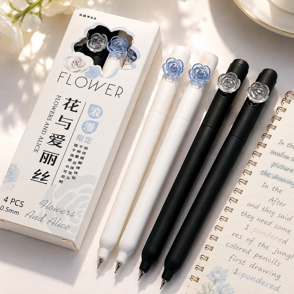Flower Design Gel Pens 4 Pcs – Cute Floral Fine Tip Pens for Writing, Journaling & Study