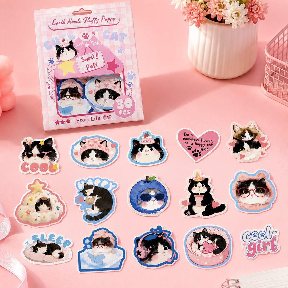 Cute Cat Stickers 30 Pcs – Kawaii Animal Sticker Pack for Journals & Crafts