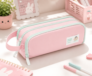 Large Pink 3-Compartment Pencil Pouch with Mini Pocket – Cute Stationery pouch