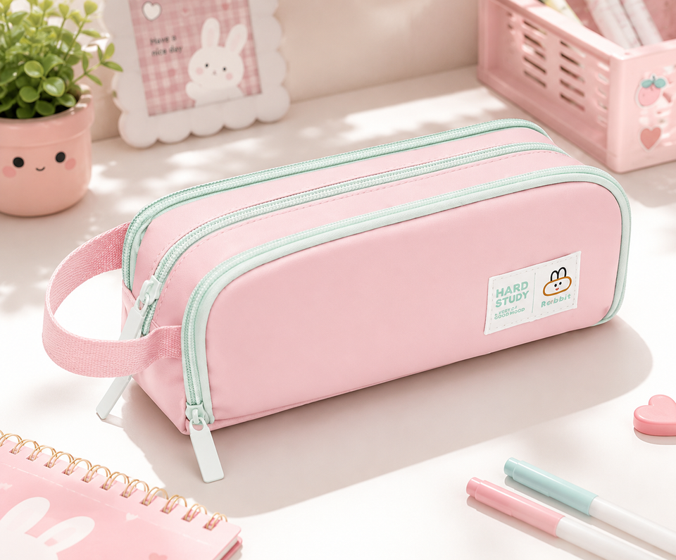 Large Pink 3-Compartment Pencil Pouch with Mini Pocket – Cute Stationery pouch