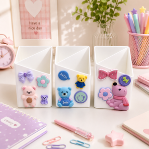 Cute Desktop Plastic Pen Holder with 3D Silicon Brooches