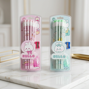 Cute Bunny Stationery Set – 12 HB Pencils with Erasers, Sharpener & Pencil Grip
