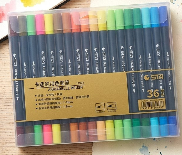 36-Color Dual Tip Water-Soluble Aquarelle Brush Pens Set