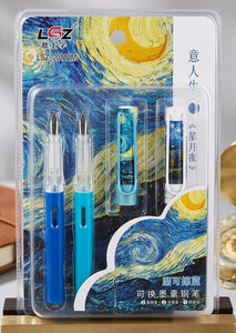 Artistic Starry Night Fountain Pen Set with Extra Caps and Erasable Blue Ink Cartridges