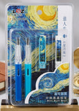 Artistic Starry Night Fountain Pen Set with Extra Caps and Erasable Blue Ink Cartridges