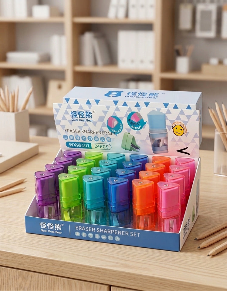 24-Piece Set Dual Function 2-in-1 Pencil Sharpener and Eraser Combo